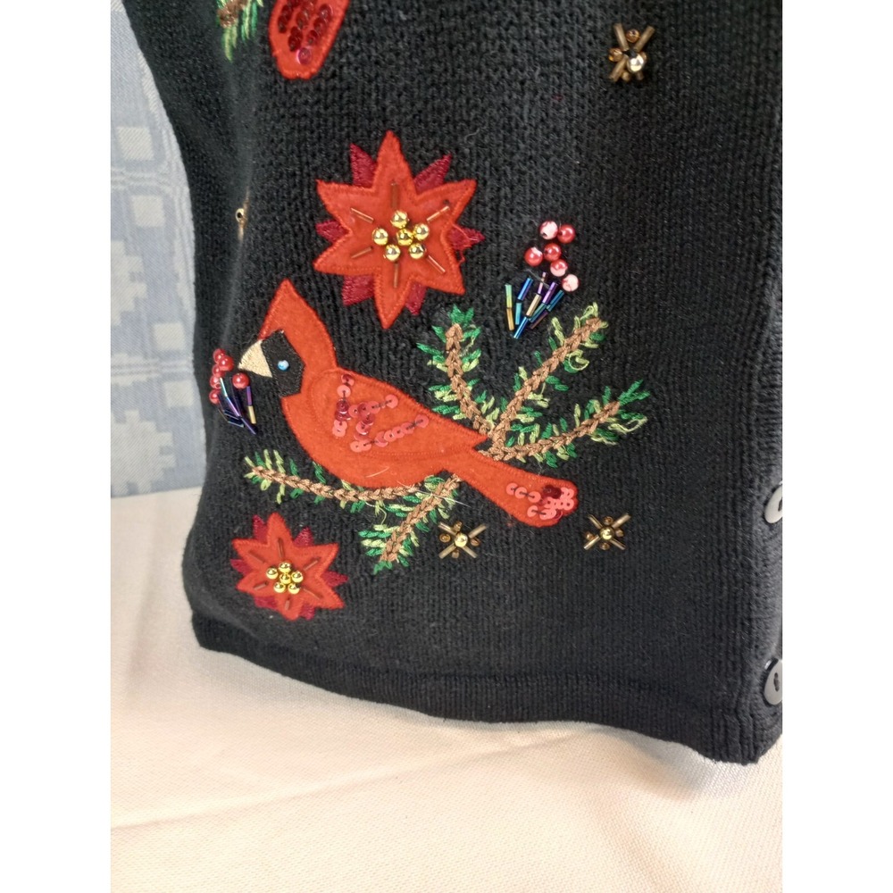 KIM ROGERS CARDINAL CHRISTMAS VEST WOMENS LARGE EMBROIDERED AND BEADED SLEEVELES - Picture 8 of 11